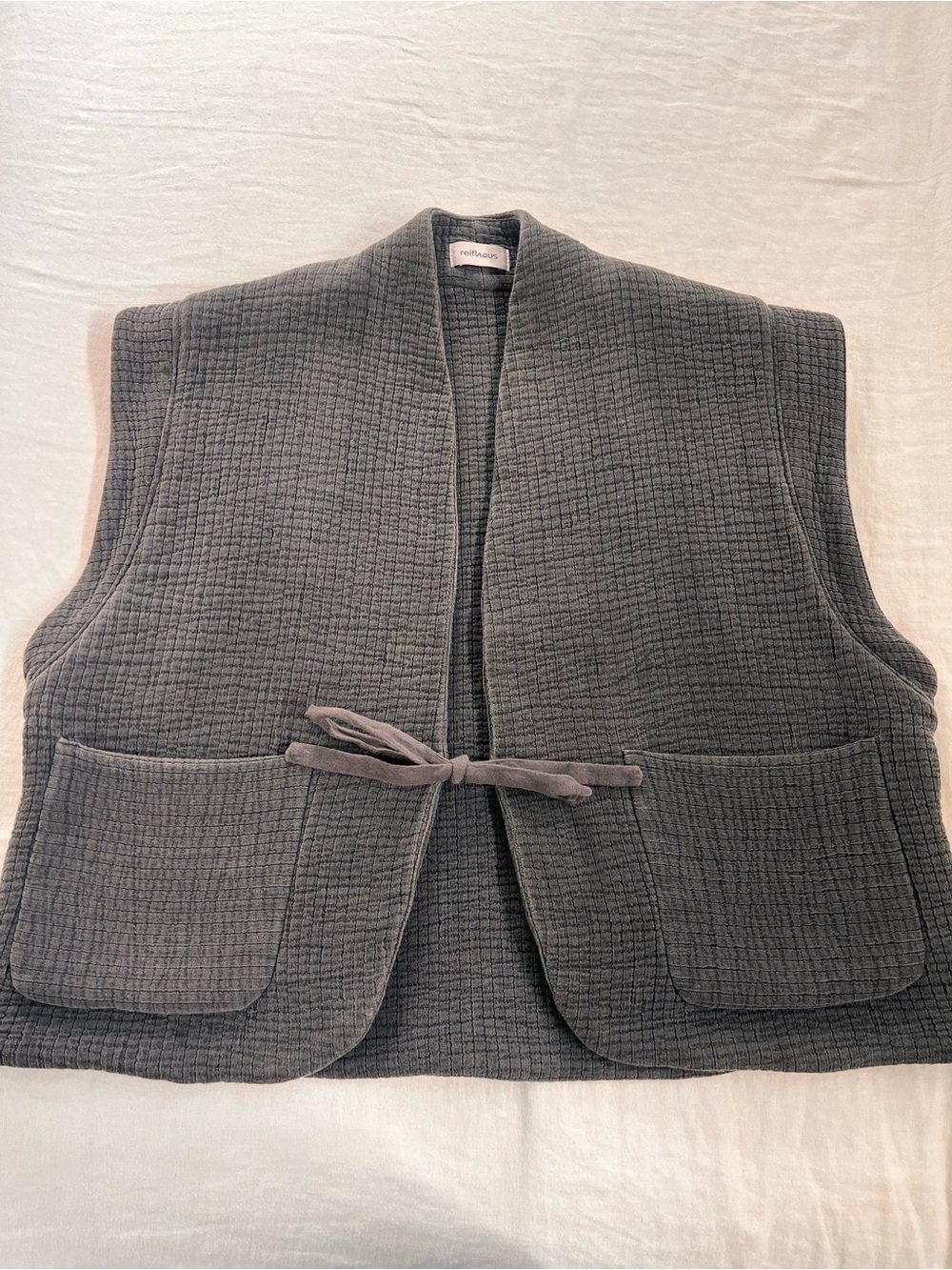 Reifhaus Quilted Gray Tie-Front Vest Jacket
